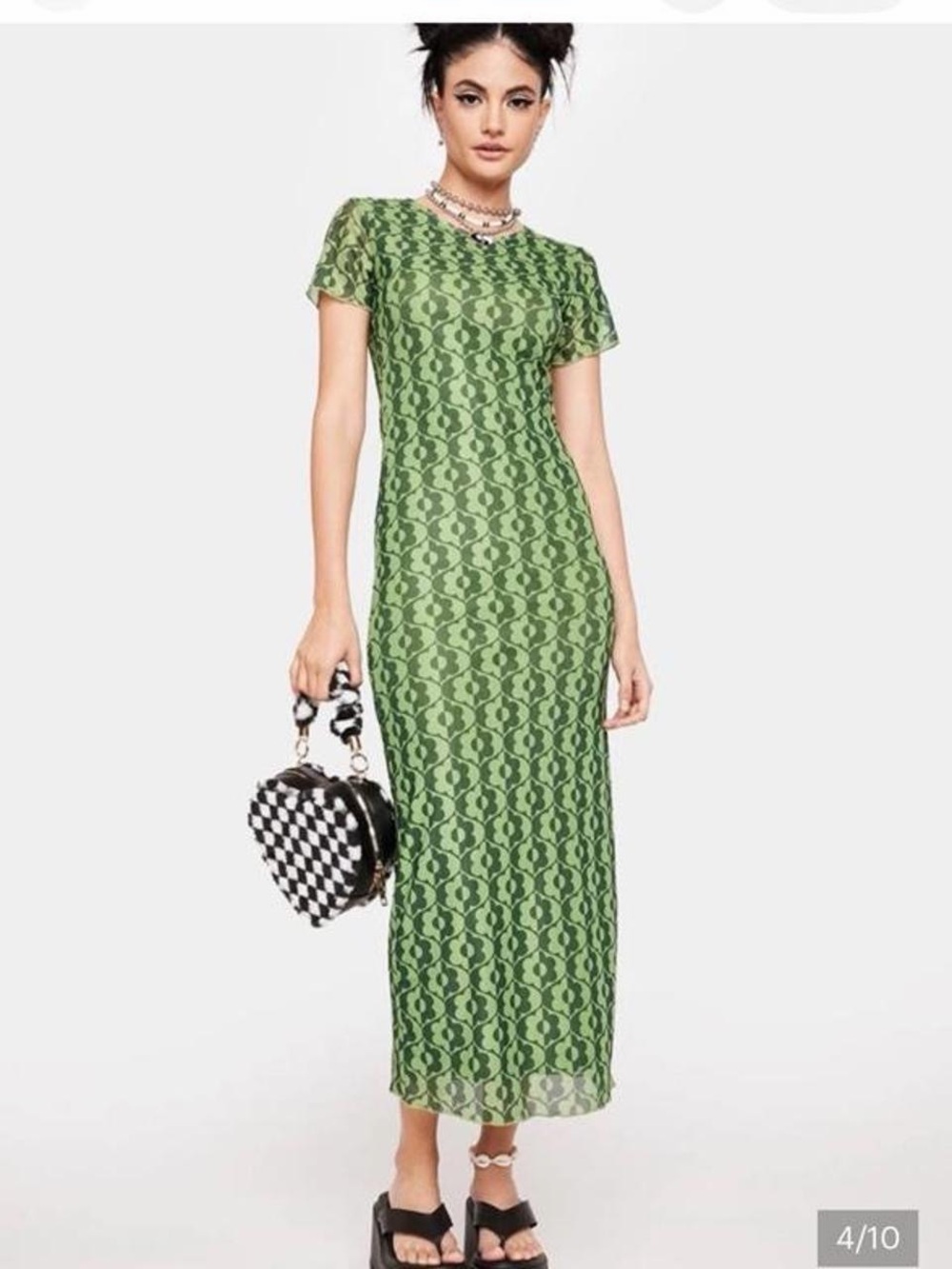 Motel Rocks Happyella Retro Midi Dress in wavy daisy green w/ geometric pattern